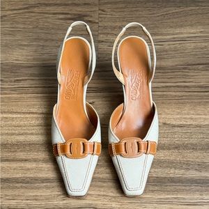 SALVATORE FERRAGAMO Color Block Heels- Canvas and Brown Leather Size 9B